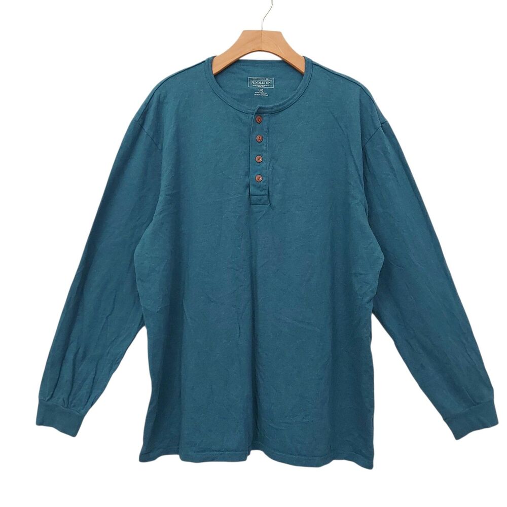 Pendleton Mens Large Green Long Sleeve Henley Shirt Pullover Cotton Casual